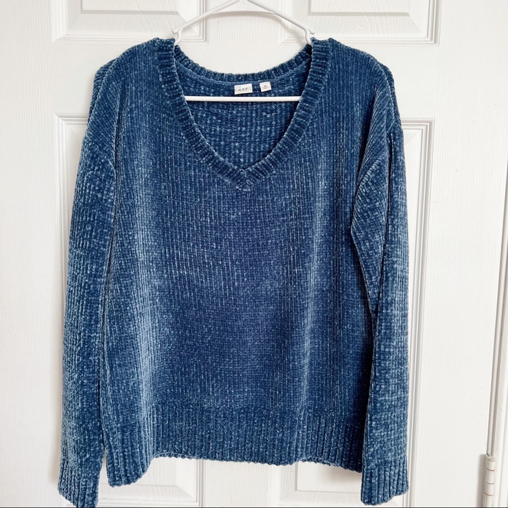 GAP | Velvet Chenille V Neck Sweater Blue Size XS Casual Relaxed Fit Comfy